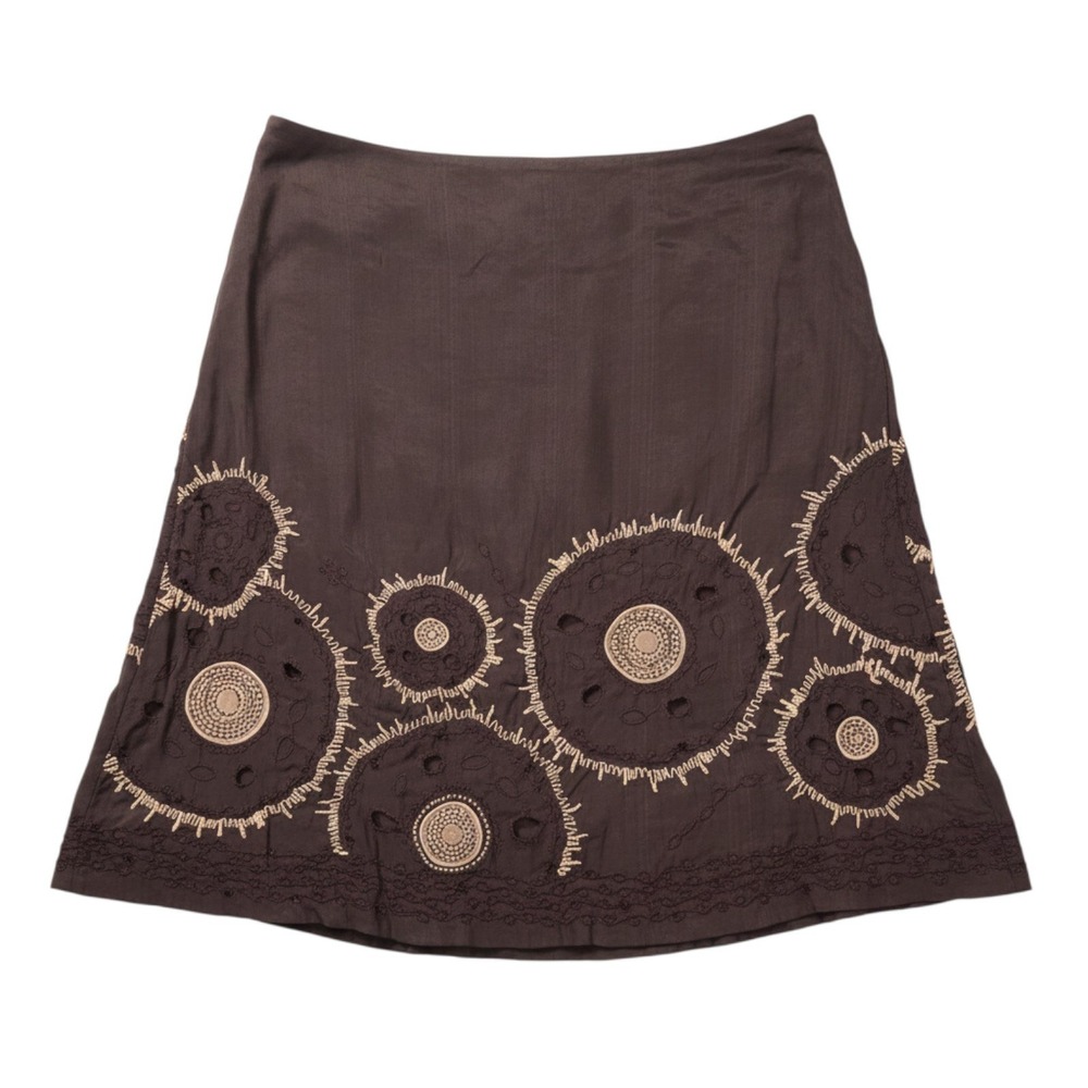 Chicos Skirt Womens 2 US 12 Brown Embroidered Eyelet A-Line Side Zip Boho Circle